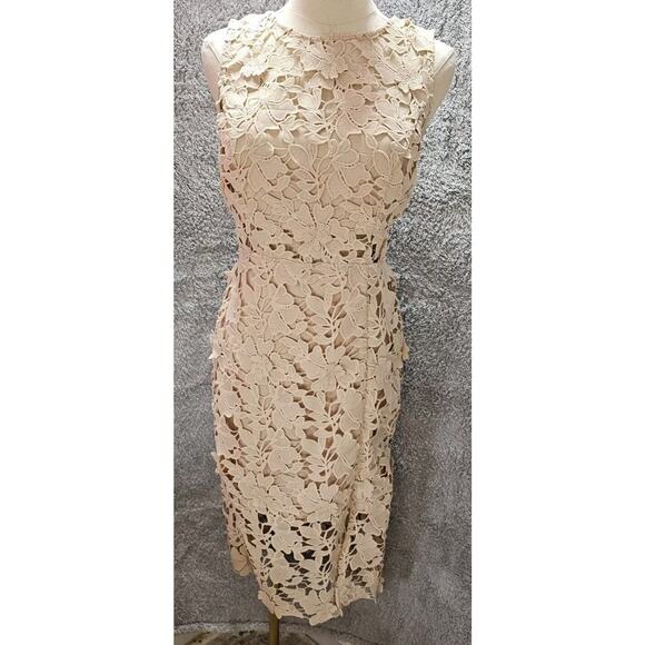 FOREVER 21 Cream Nude Emb Lace Overlay Taupe Bodycon Midi Dress SEE~ Sz Med 6 8 - Picture 1 of 5
